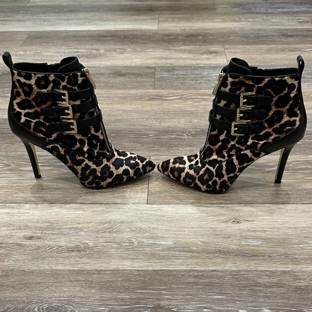 Michael Kors Leopard Heeled Boots with Black Straps